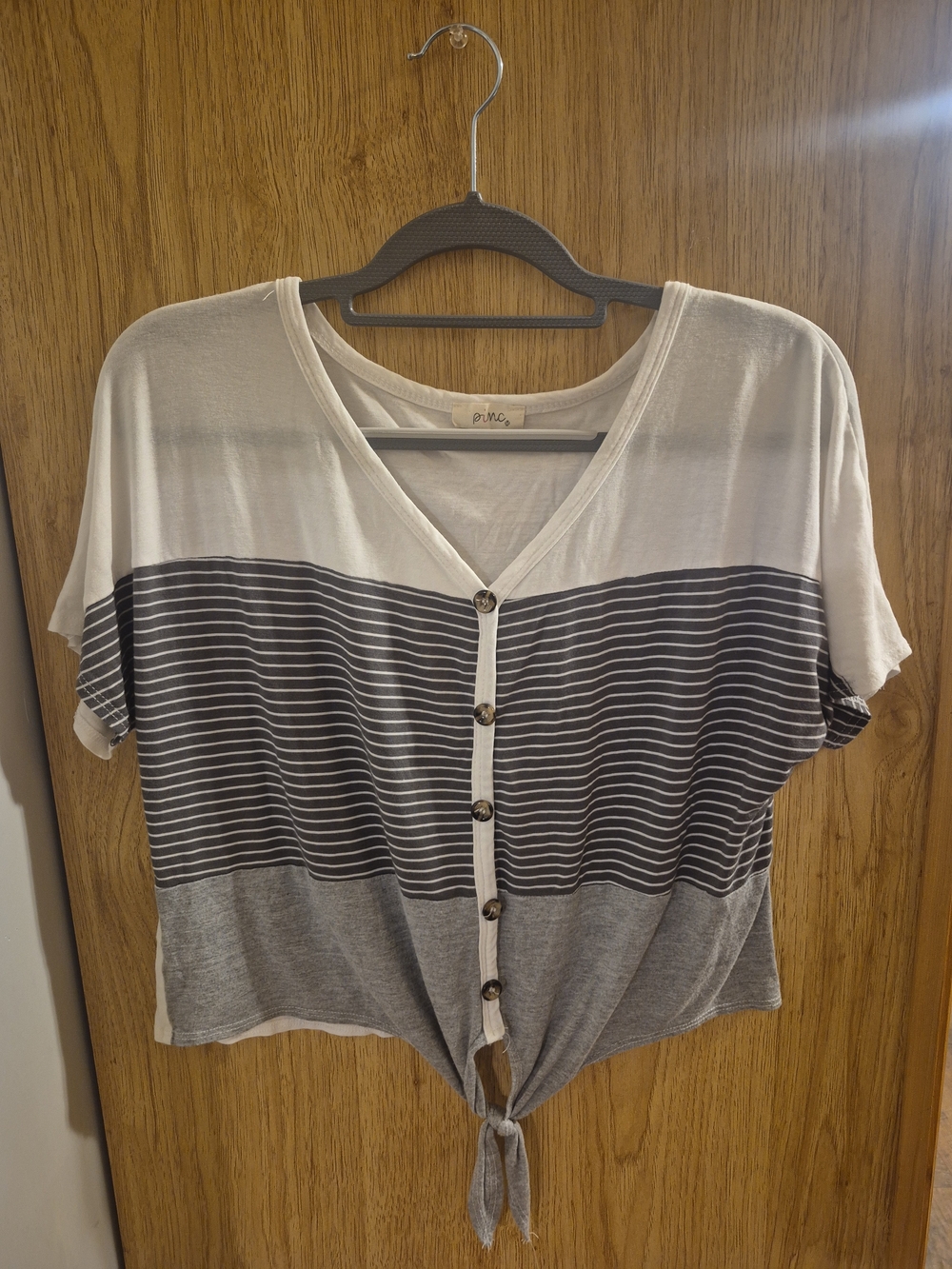 Pinc Short-Sleeve Button Tie-Hem Top in Cream and Gray Stripes